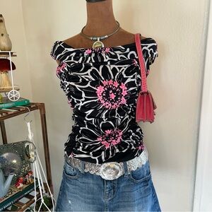 Moa Moa black off the shoulder ruched top w pink & white oversized floral design